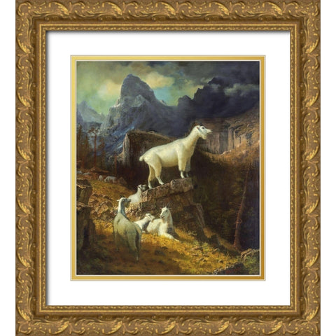 Rocky Mountain Goats Gold Ornate Wood Framed Art Print with Double Matting by Bierstadt, Albert