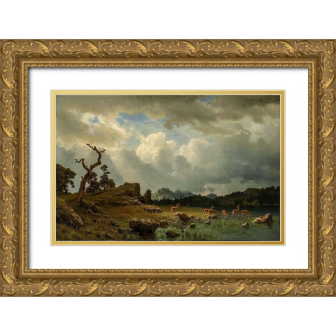 Thunderstorm in the Rocky Mountains Gold Ornate Wood Framed Art Print with Double Matting by Bierstadt, Albert