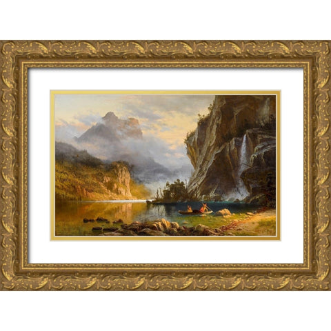 Indians Spear Fishing Gold Ornate Wood Framed Art Print with Double Matting by Bierstadt, Albert