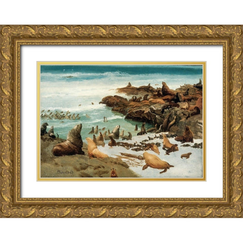 Seal Rocks, Farallons Gold Ornate Wood Framed Art Print with Double Matting by Bierstadt, Albert