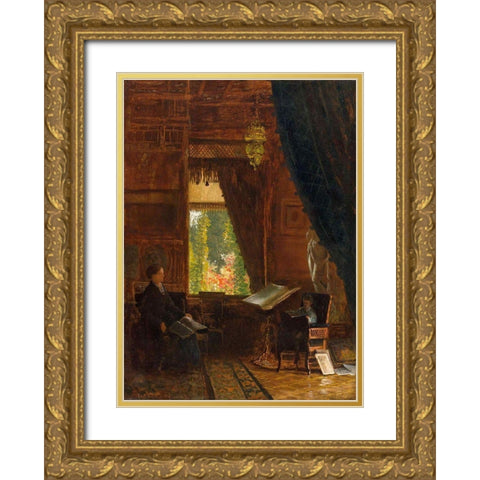 Interior of a Library Gold Ornate Wood Framed Art Print with Double Matting by Bierstadt, Albert