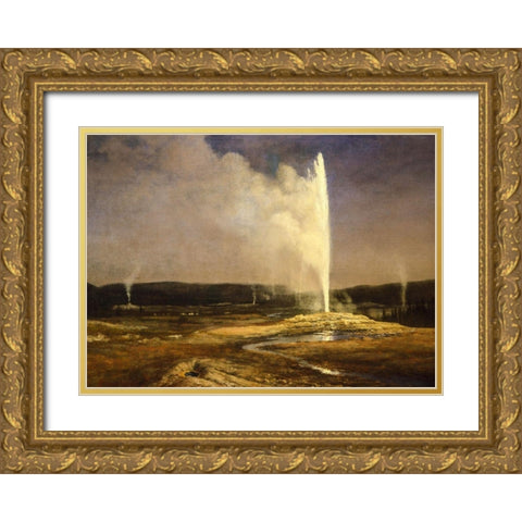 Geysers in Yellowstone Gold Ornate Wood Framed Art Print with Double Matting by Bierstadt, Albert