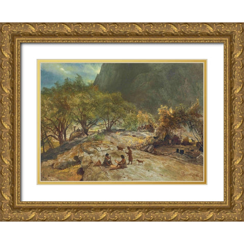 Mariposa Indian Encampment, Yosemite Valley, California Gold Ornate Wood Framed Art Print with Double Matting by Bierstadt, Albert