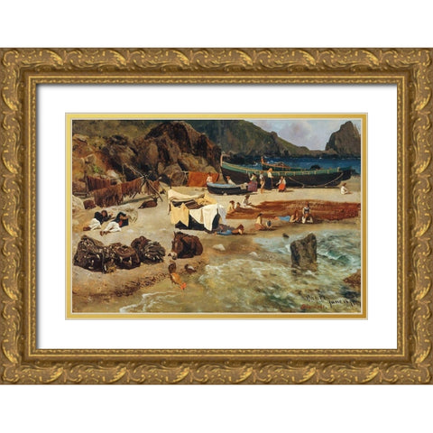 Fishing Boats at Capri Gold Ornate Wood Framed Art Print with Double Matting by Bierstadt, Albert