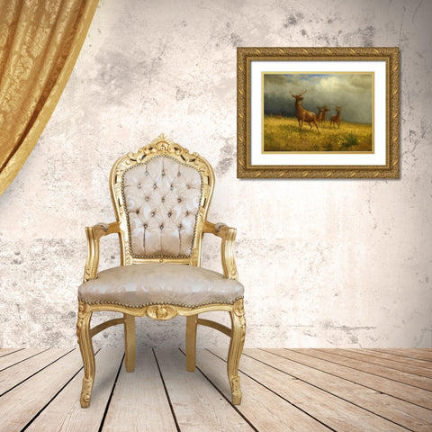Three Deer and a Stag Gold Ornate Wood Framed Art Print with Double Matting by Bierstadt, Albert
