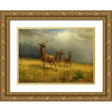 Three Deer and a Stag Gold Ornate Wood Framed Art Print with Double Matting by Bierstadt, Albert
