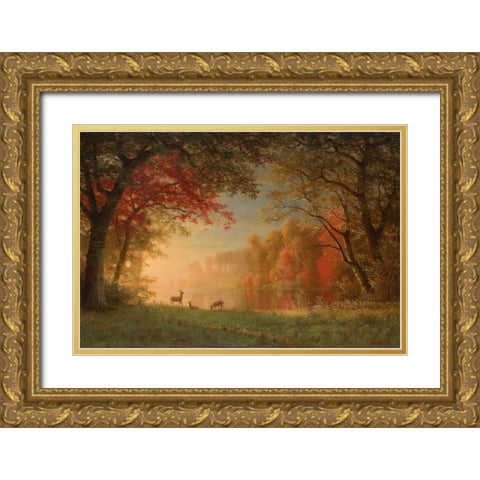 Indian Sunset, Deer by a Lake Gold Ornate Wood Framed Art Print with Double Matting by Bierstadt, Albert