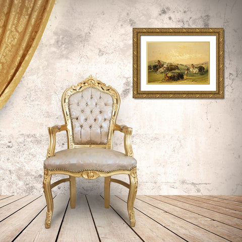 Buffalo Hunt, A Numerous Group Gold Ornate Wood Framed Art Print with Double Matting by Catlin, George