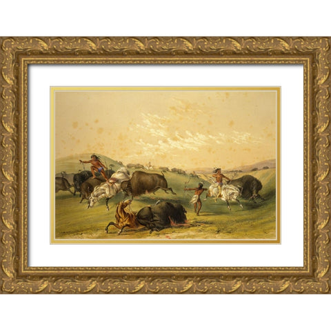 Buffalo Hunt, A Numerous Group Gold Ornate Wood Framed Art Print with Double Matting by Catlin, George