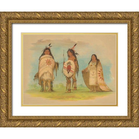 Three Riccarree Indians, 1861 Gold Ornate Wood Framed Art Print with Double Matting by Catlin, George