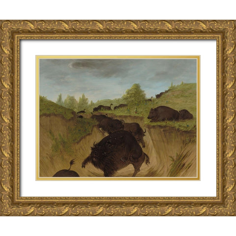 Grizzly Bears Attacking Buffalo Gold Ornate Wood Framed Art Print with Double Matting by Catlin, George