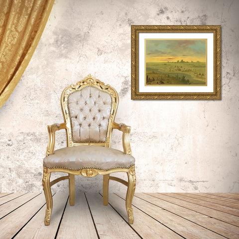 Encampment of Pawnee Indians at Sunset Gold Ornate Wood Framed Art Print with Double Matting by Catlin, George