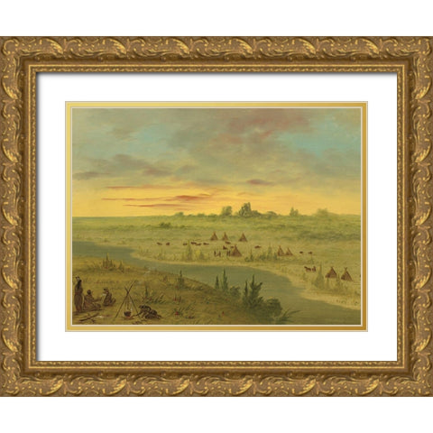 Encampment of Pawnee Indians at Sunset Gold Ornate Wood Framed Art Print with Double Matting by Catlin, George