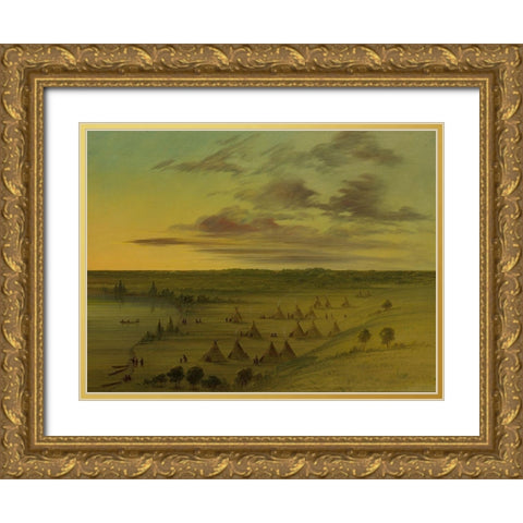 Sioux Village Lac du Cygne Gold Ornate Wood Framed Art Print with Double Matting by Catlin, George