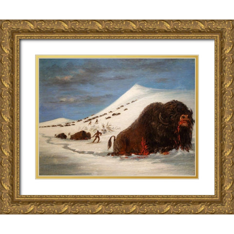 Buffalo Hunt in Snow Shoes Gold Ornate Wood Framed Art Print with Double Matting by Catlin, George
