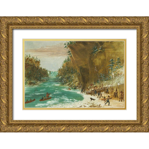 The Expedition Encamped below the Falls of Niagara Gold Ornate Wood Framed Art Print with Double Matting by Catlin, George