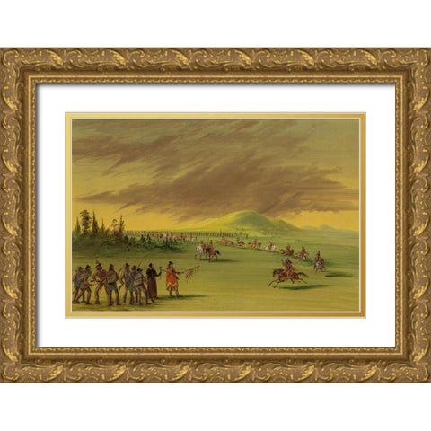 La Salle Meets a War Party of Cenis Indians on a Texas Prairie. April 25, 1686 Gold Ornate Wood Framed Art Print with Double Matting by Catlin, George