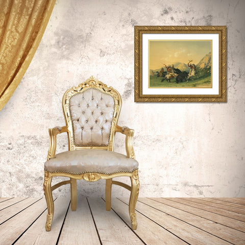 Attacking the Grizzly Bear Gold Ornate Wood Framed Art Print with Double Matting by Catlin, George