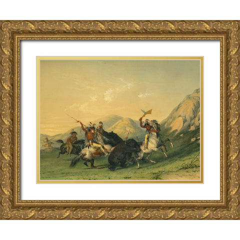 Attacking the Grizzly Bear Gold Ornate Wood Framed Art Print with Double Matting by Catlin, George