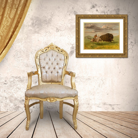 Indian Killing Buffalo with Bow and Arrow Gold Ornate Wood Framed Art Print with Double Matting by Catlin, George