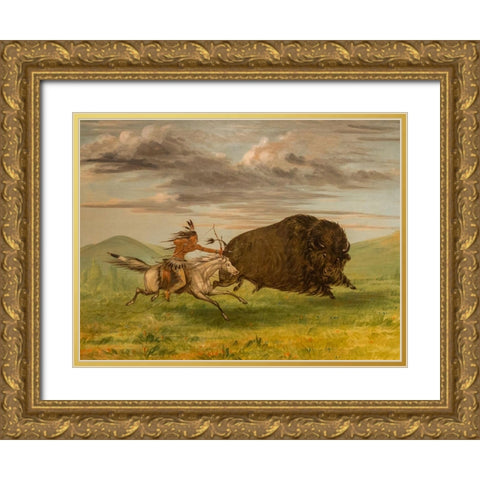Indian Killing Buffalo with Bow and Arrow Gold Ornate Wood Framed Art Print with Double Matting by Catlin, George