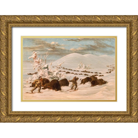 Winter Sport of Killing Buffalo Gold Ornate Wood Framed Art Print with Double Matting by Catlin, George