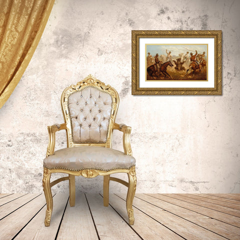 Cowboys Roping a Bear Gold Ornate Wood Framed Art Print with Double Matting by Walker, James