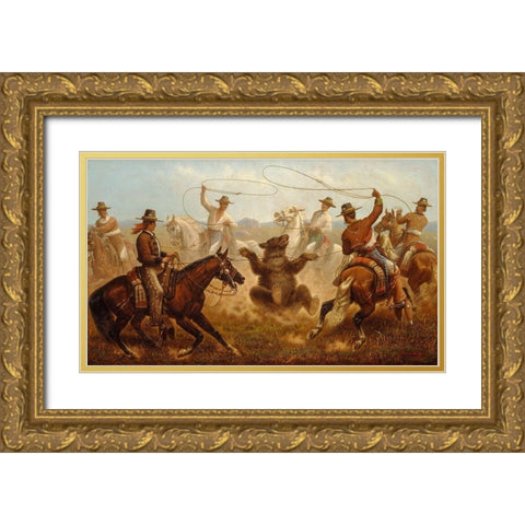 Cowboys Roping a Bear Gold Ornate Wood Framed Art Print with Double Matting by Walker, James