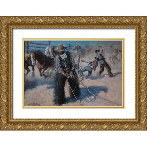 Roping Horses in the Corral Gold Ornate Wood Framed Art Print with Double Matting by Wyeth, N.C.
