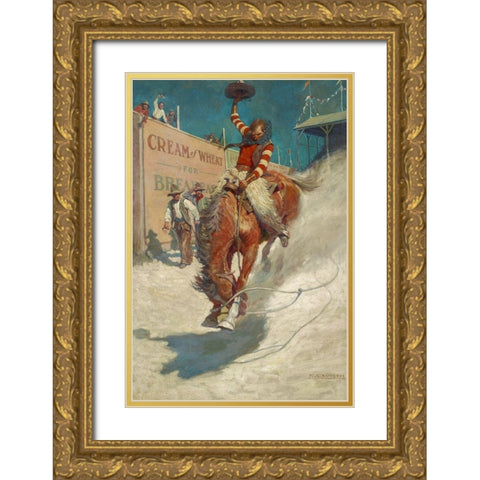 Bronco Buster Gold Ornate Wood Framed Art Print with Double Matting by Wyeth, N.C.