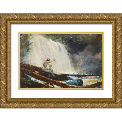 Waterfall in the Adirondacks Gold Ornate Wood Framed Art Print with Double Matting by Homer, Winslow