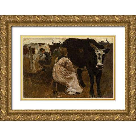 Milking Gold Ornate Wood Framed Art Print with Double Matting by Homer, Winslow