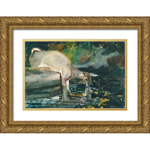 Deer Drinking Gold Ornate Wood Framed Art Print with Double Matting by Homer, Winslow