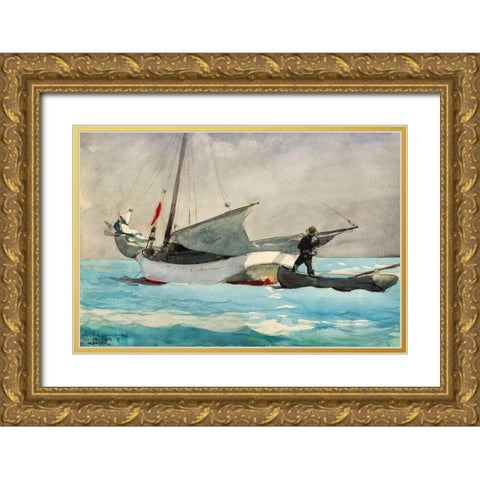Stowing Sail Gold Ornate Wood Framed Art Print with Double Matting by Homer, Winslow