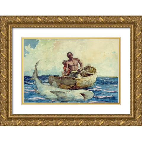 Shark fishing Gold Ornate Wood Framed Art Print with Double Matting by Homer, Winslow