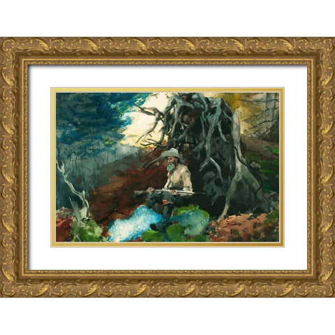 Campfire, Adirondacks Gold Ornate Wood Framed Art Print with Double Matting by Homer, Winslow