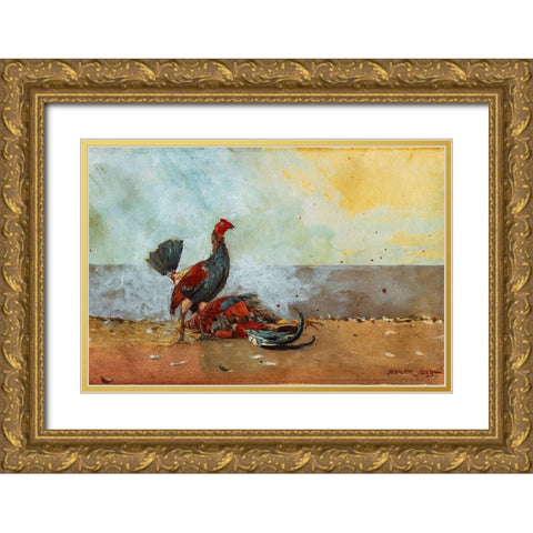 The Cock Fight Gold Ornate Wood Framed Art Print with Double Matting by Homer, Winslow