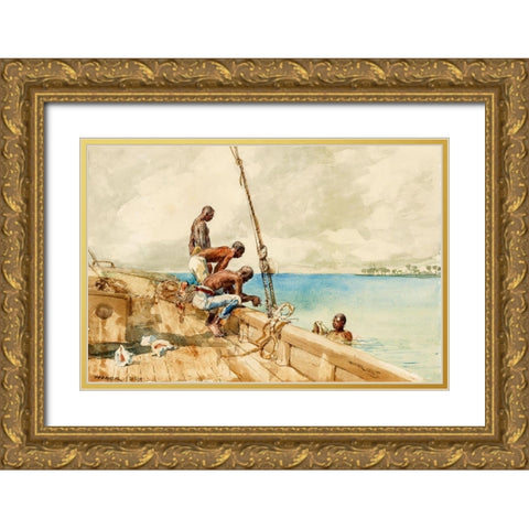 The Conch Divers Gold Ornate Wood Framed Art Print with Double Matting by Homer, Winslow