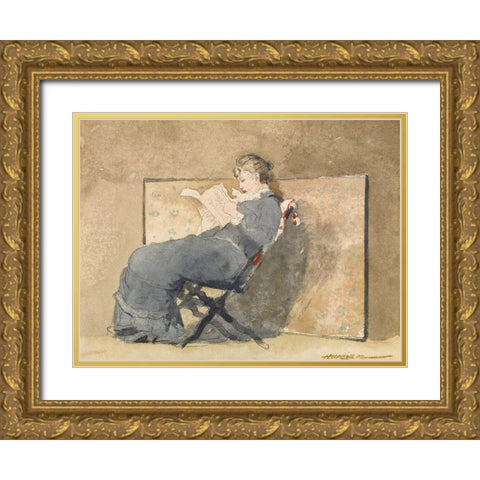 Girl Reading Gold Ornate Wood Framed Art Print with Double Matting by Homer, Winslow
