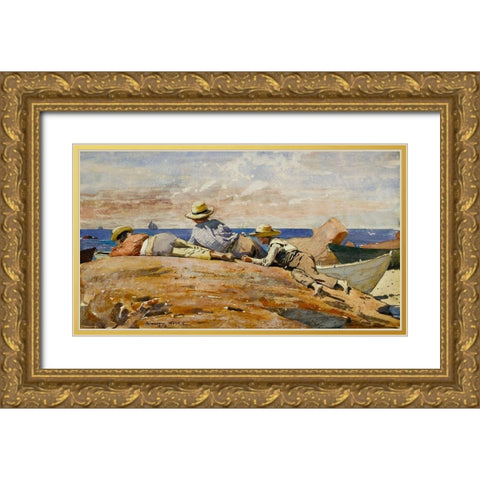 Three Boys on the Shore Gold Ornate Wood Framed Art Print with Double Matting by Homer, Winslow