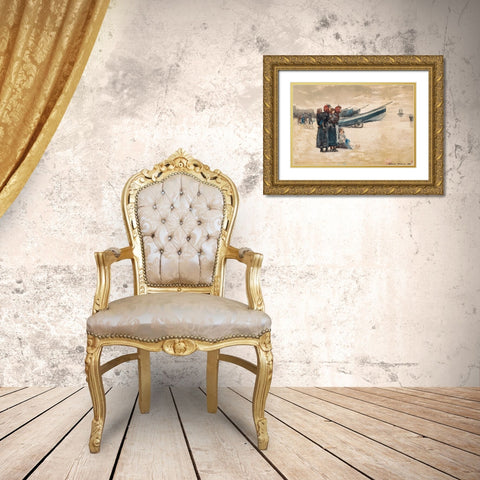 On the Beach, Tynemouth Gold Ornate Wood Framed Art Print with Double Matting by Homer, Winslow