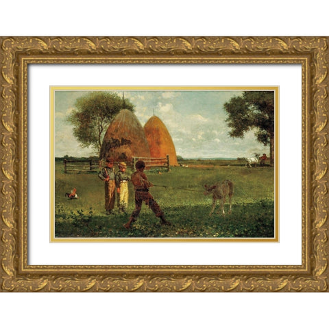 Weaning the Calf Gold Ornate Wood Framed Art Print with Double Matting by Homer, Winslow