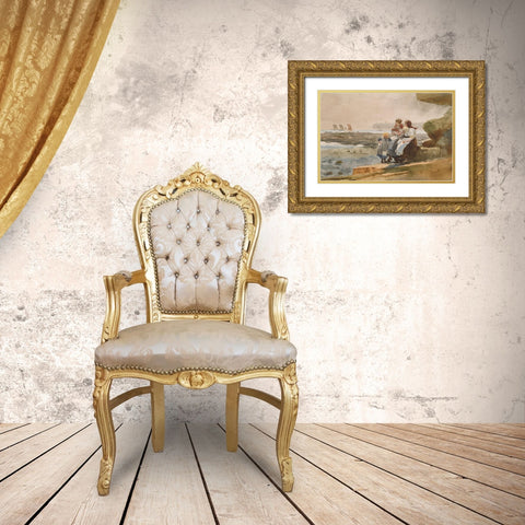 Under the Cliff, Cullercoats Gold Ornate Wood Framed Art Print with Double Matting by Homer, Winslow