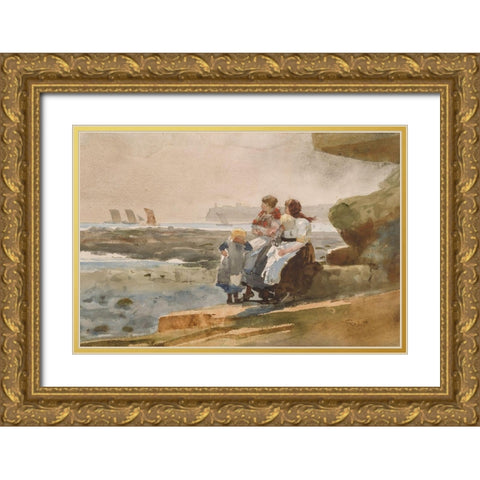 Under the Cliff, Cullercoats Gold Ornate Wood Framed Art Print with Double Matting by Homer, Winslow