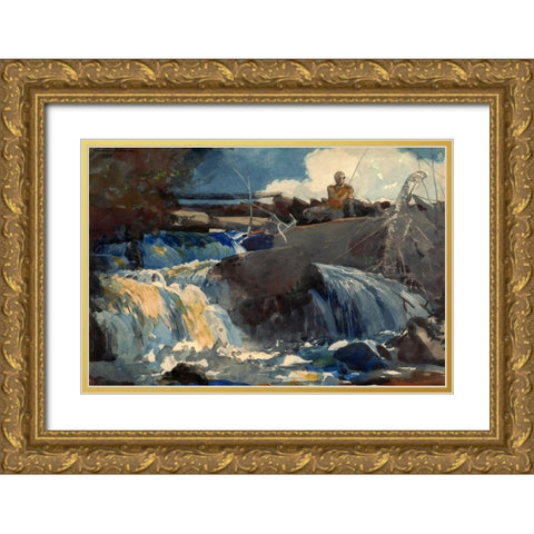Casting in the Falls Gold Ornate Wood Framed Art Print with Double Matting by Homer, Winslow
