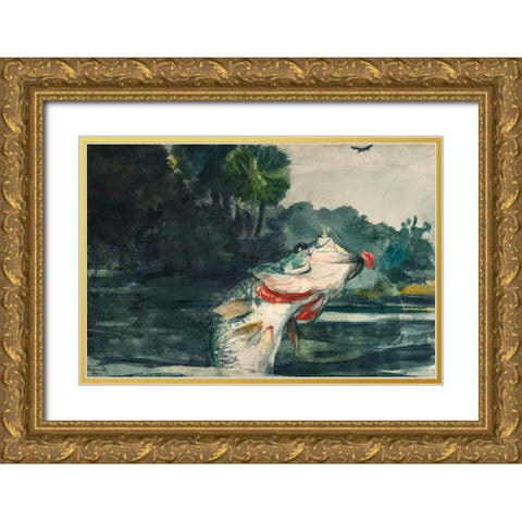Life-Size Black Bass Gold Ornate Wood Framed Art Print with Double Matting by Homer, Winslow