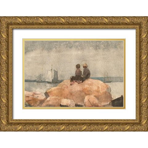 Two Boys Watching Schooners Gold Ornate Wood Framed Art Print with Double Matting by Homer, Winslow