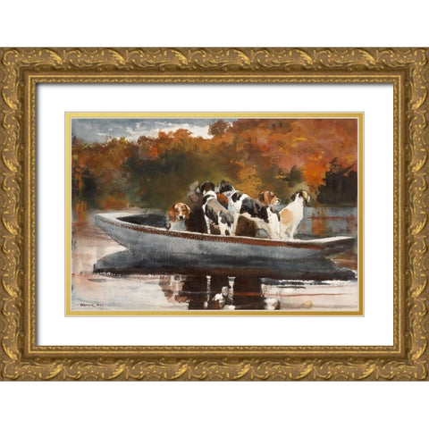 Hunting Dogs in Boat Gold Ornate Wood Framed Art Print with Double Matting by Homer, Winslow