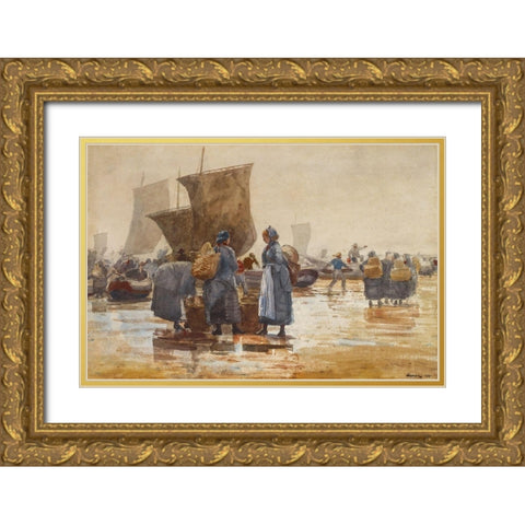 Fisherfolk on the Beach at Cullercoats Gold Ornate Wood Framed Art Print with Double Matting by Homer, Winslow
