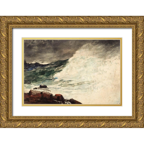Prouts Neck, Breaking Wave Gold Ornate Wood Framed Art Print with Double Matting by Homer, Winslow